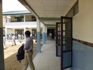 Students leaving a class that was held in the new school wing.